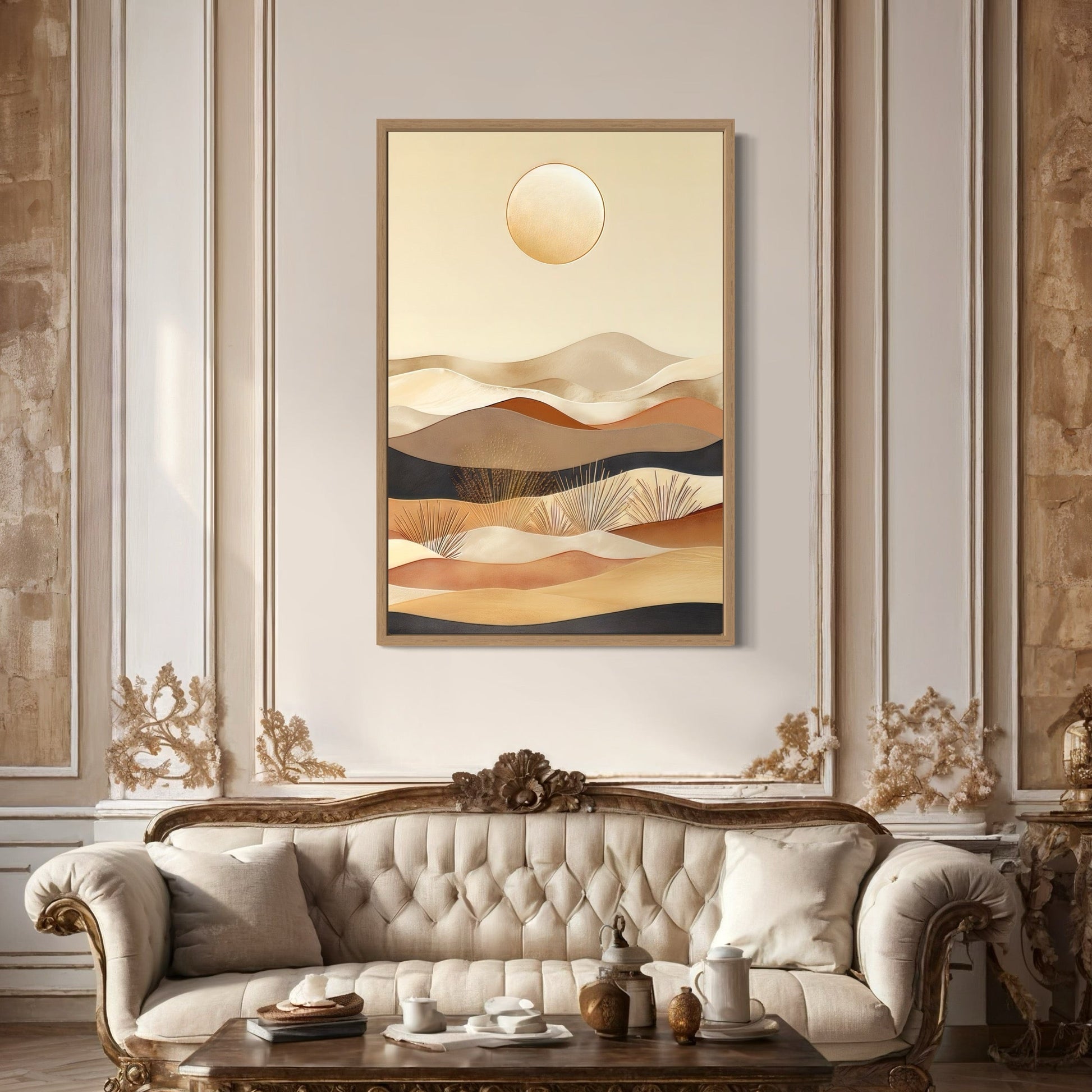 Boho Desert Vertical Mid Century Modern Framed Canvas Wall Art In Neutral Colors