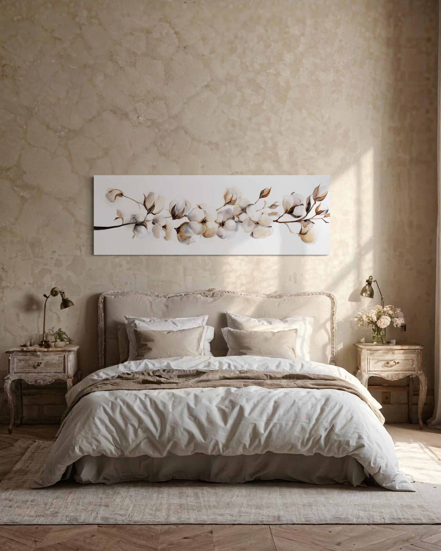 Boho Long Horizontal Neutral Cotton Plant Painting Canvas Wall Art