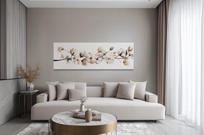 Boho Long Horizontal Neutral Cotton Plant Painting Canvas Wall Art