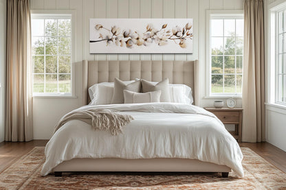 Boho Long Horizontal Neutral Cotton Plant Painting Canvas Wall Art