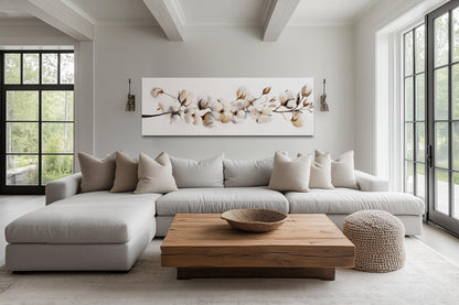 Boho Long Horizontal Neutral Cotton Plant Painting Canvas Wall Art