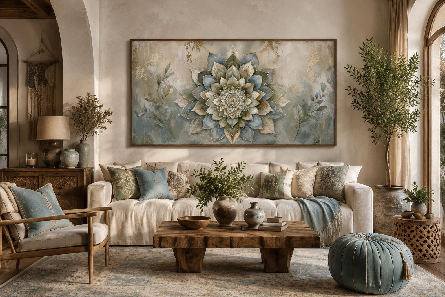 Boho Mandala Wall Art | Layered Mandala Flower Canvas Print with Gold Accent for Living Room