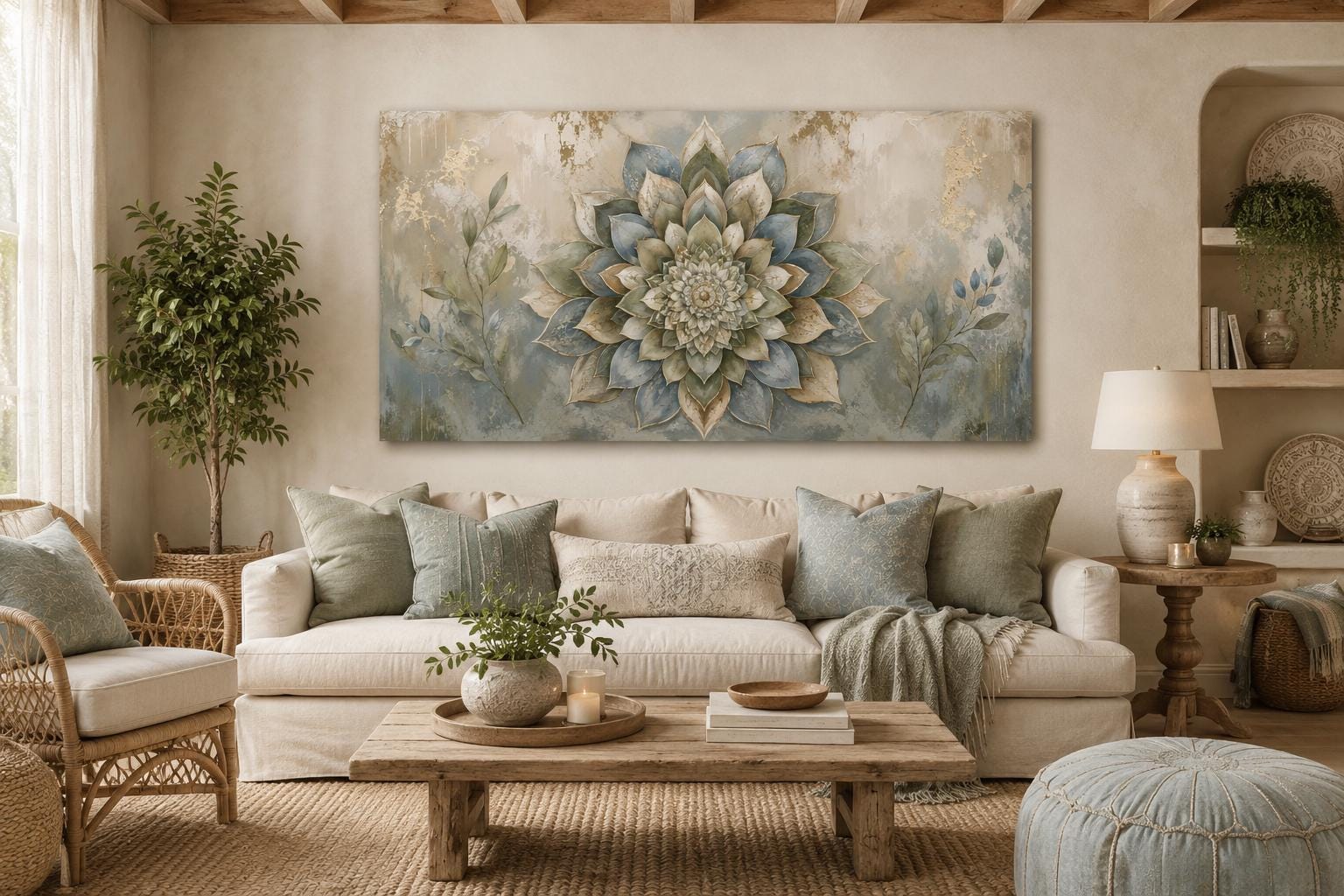 Boho Mandala Wall Art | Layered Mandala Flower Canvas Print with Gold Accent for Living Room
