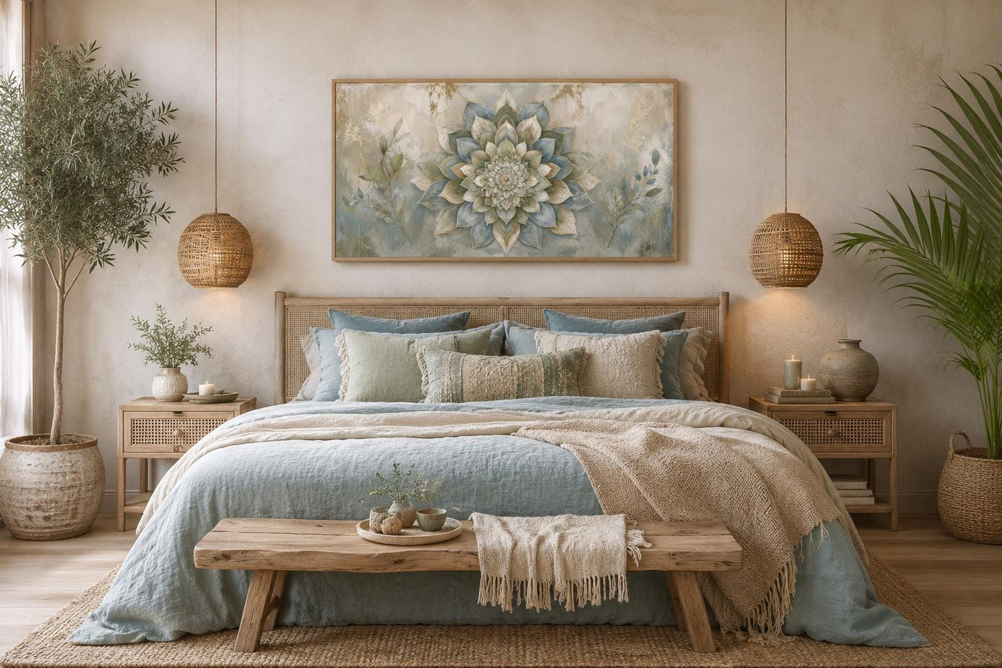 Boho Mandala Wall Art | Layered Mandala Flower Canvas Print with Gold Accent for Living Room
