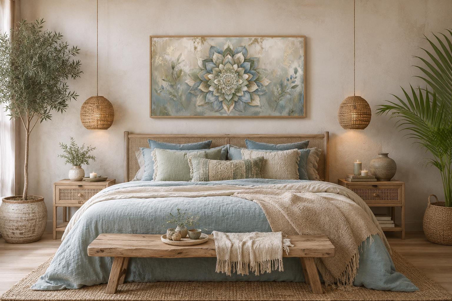 Boho Mandala Wall Art | Layered Mandala Flower Canvas Print with Gold Accent for Living Room