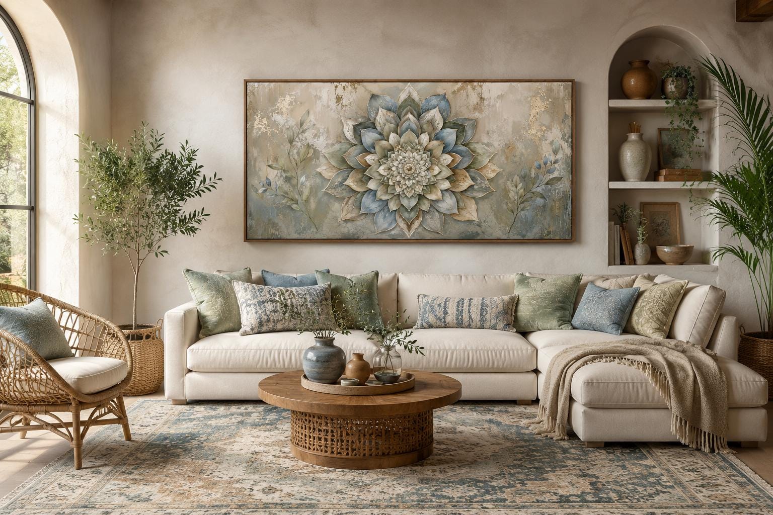 Boho Mandala Wall Art | Layered Mandala Flower Canvas Print with Gold Accent for Living Room