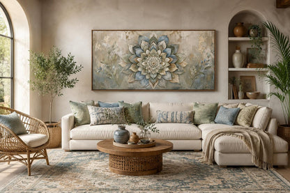 Boho Mandala Wall Art | Layered Mandala Flower Canvas Print with Gold Accent for Living Room
