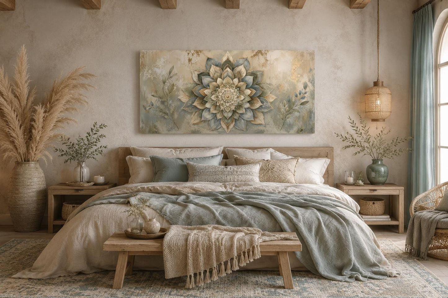 Boho Mandala Wall Art | Layered Mandala Flower Canvas Print with Gold Accent for Living Room