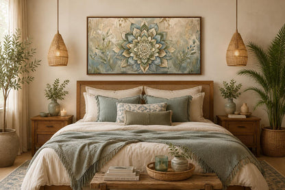 Boho Mandala Wall Art | Layered Mandala Flower Canvas Print with Gold Accent for Living Room