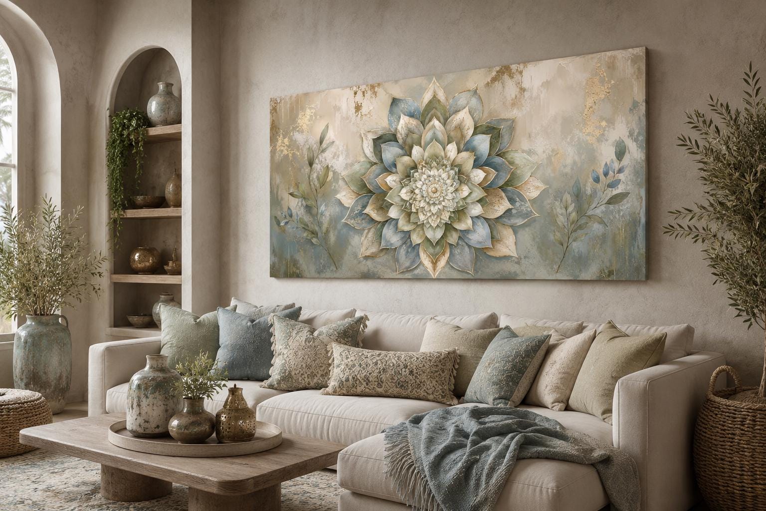 Boho Mandala Wall Art | Layered Mandala Flower Canvas Print with Gold Accent for Living Room