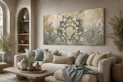 Boho Mandala Wall Art | Layered Mandala Flower Canvas Print with Gold Accent for Living Room