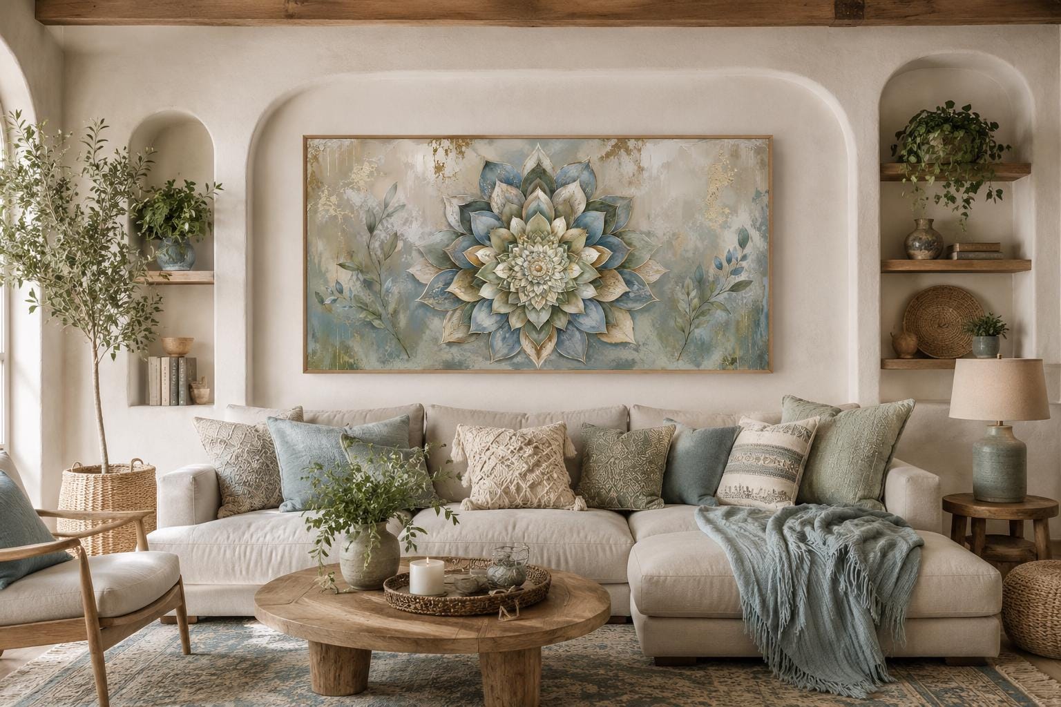 Boho Mandala Wall Art | Layered Mandala Flower Canvas Print with Gold Accent for Living Room