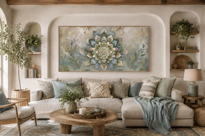 Boho Mandala Wall Art | Layered Mandala Flower Canvas Print with Gold Accent for Living Room