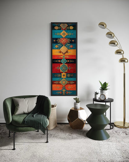 Boho Moroccan Wall Art – Tall Vertical Canvas with Teal Gold Red Geometric Pattern