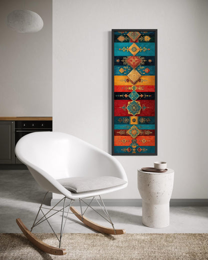 Boho Moroccan Wall Art – Tall Vertical Canvas with Teal Gold Red Geometric Pattern