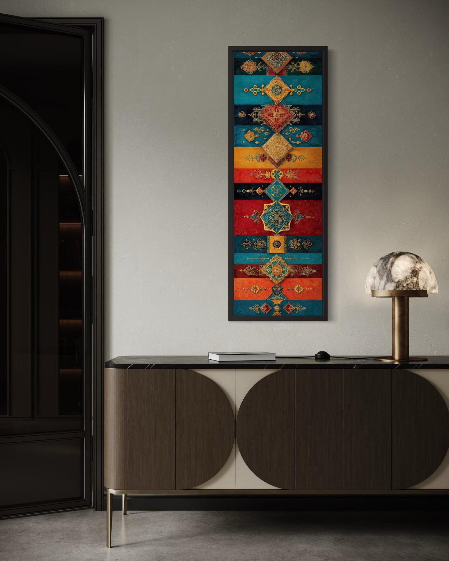Boho Moroccan Wall Art – Tall Vertical Canvas with Teal Gold Red Geometric Pattern