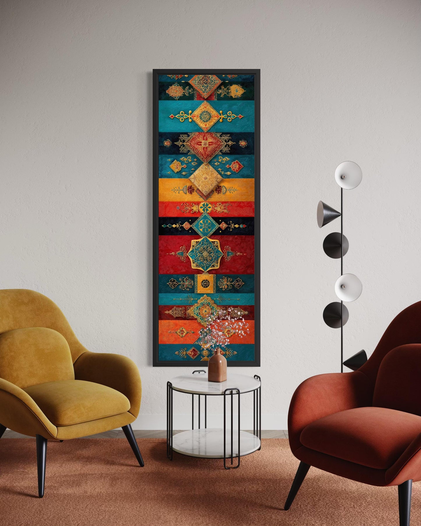 Boho Moroccan Wall Art – Tall Vertical Canvas with Teal Gold Red Geometric Pattern