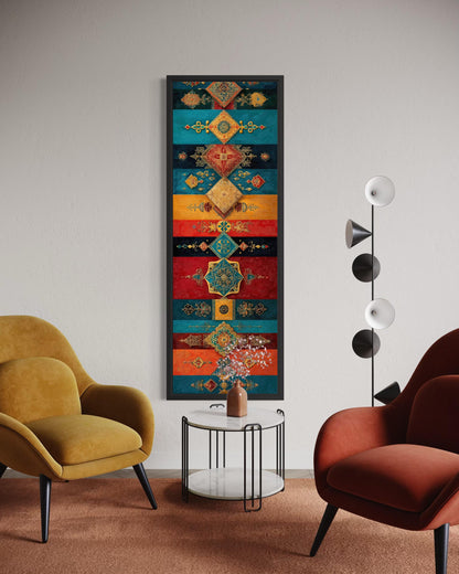 Boho Moroccan Wall Art – Tall Vertical Canvas with Teal Gold Red Geometric Pattern