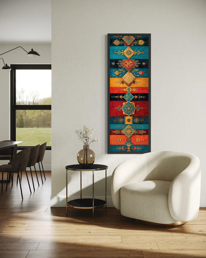 Boho Moroccan Wall Art – Tall Vertical Canvas with Teal Gold Red Geometric Pattern