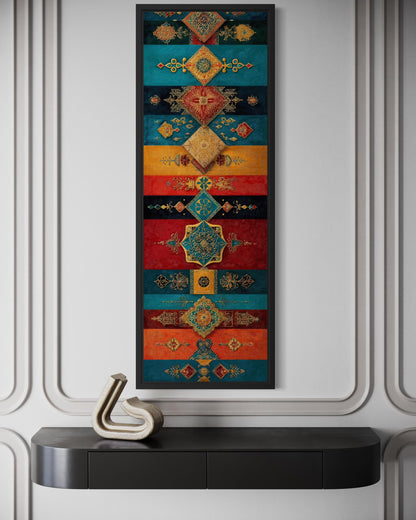 Boho Moroccan Wall Art – Tall Vertical Canvas with Teal Gold Red Geometric Pattern
