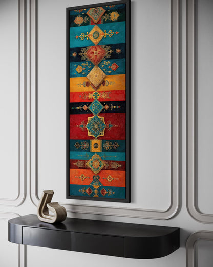 Boho Moroccan Wall Art – Tall Vertical Canvas with Teal Gold Red Geometric Pattern