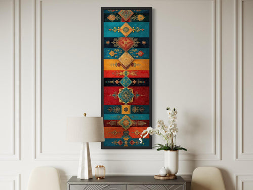 Boho Moroccan Wall Art – Tall Vertical Canvas with Teal Gold Red Geometric Pattern