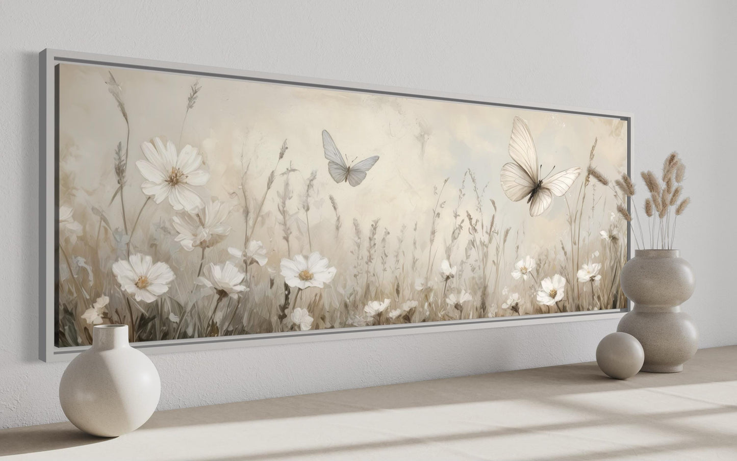Boho Neutral Wildflowers And Butterflies Long Horizontal Canvas Wall Art