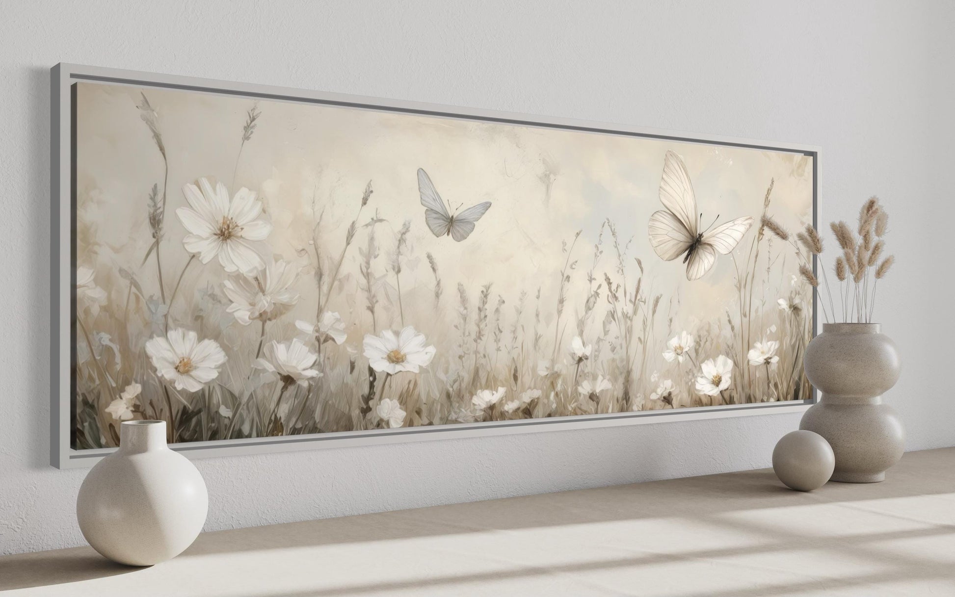 Boho Neutral Wildflowers And Butterflies Long Horizontal Canvas Wall Art