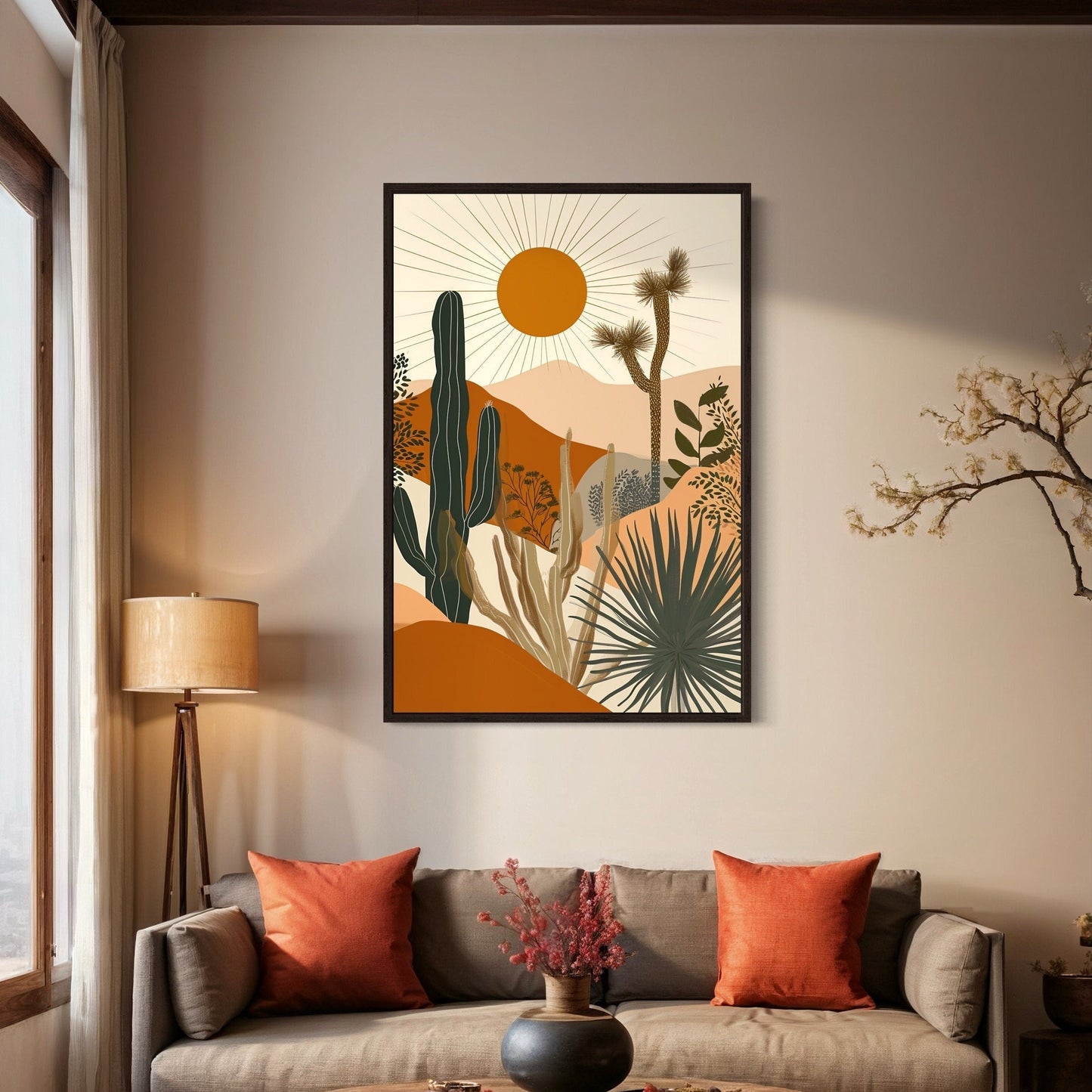 Boho Saguaro Cactus With Sun In The Desert Framed Canvas Wall Art