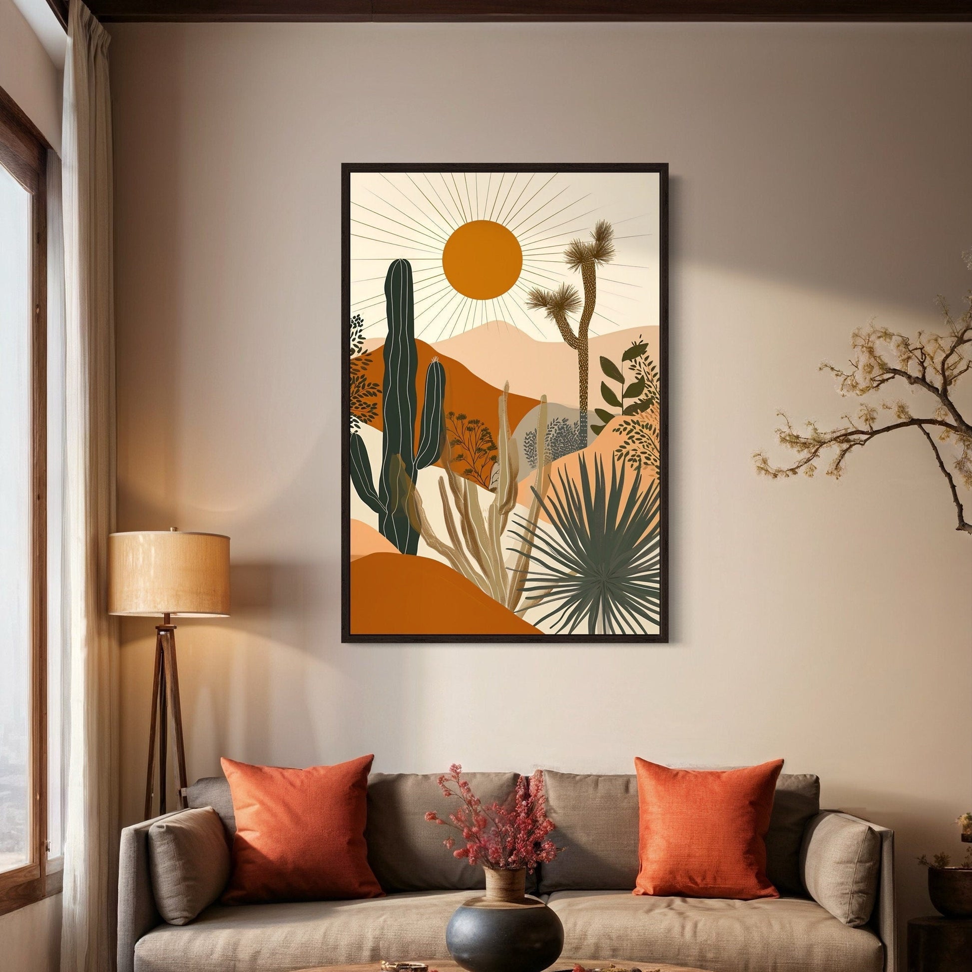 Boho Saguaro Cactus With Sun In The Desert Framed Canvas Wall Art