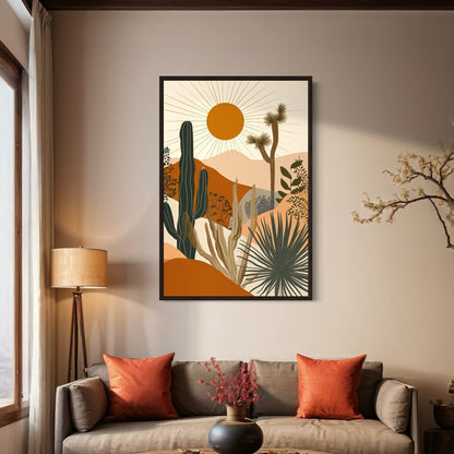 Boho Saguaro Cactus With Sun In The Desert Framed Canvas Wall Art
