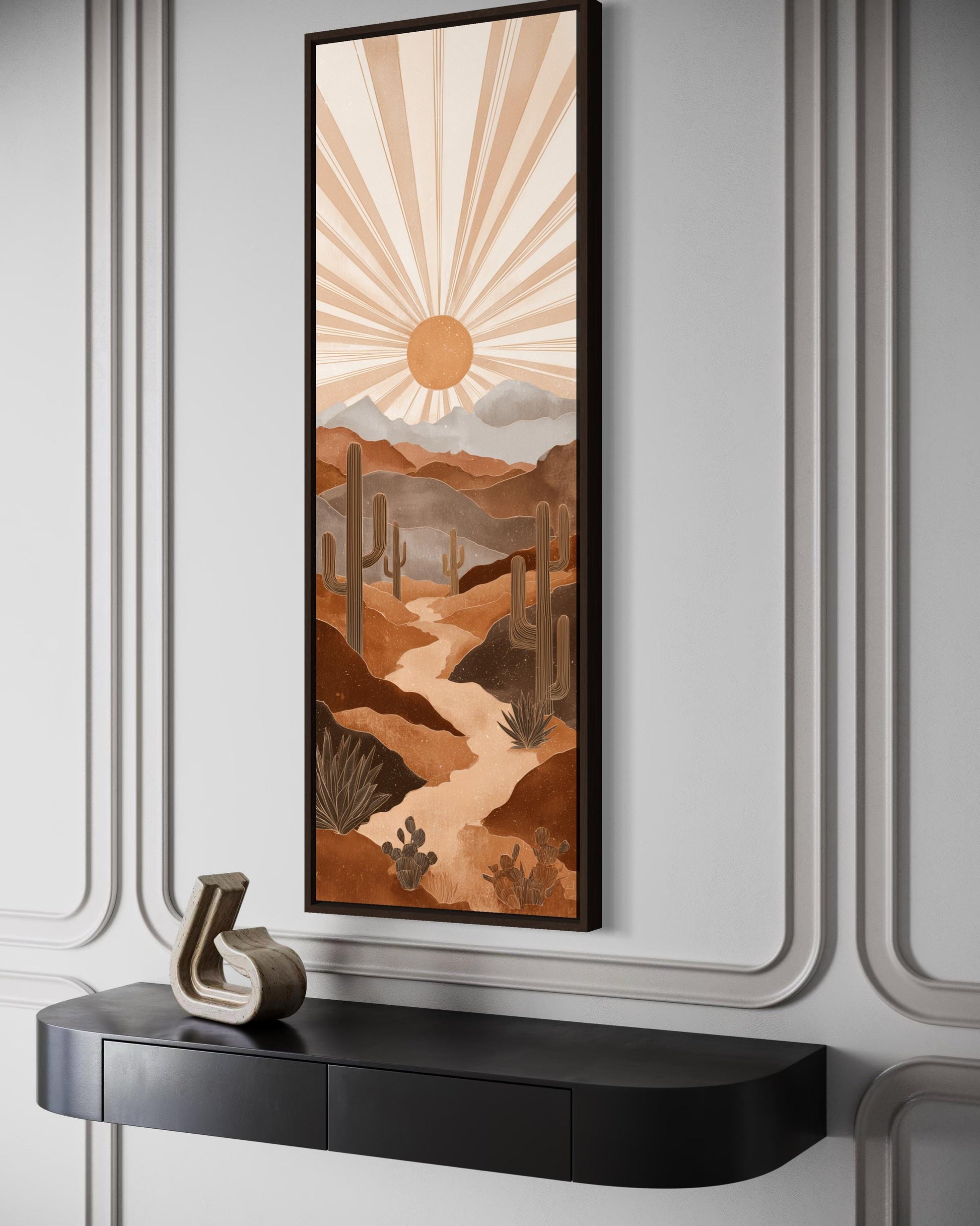 Boho Saguaro Wall Art - Tall Narrow Desert Cactus Canvas | Southwest Terracotta Decor