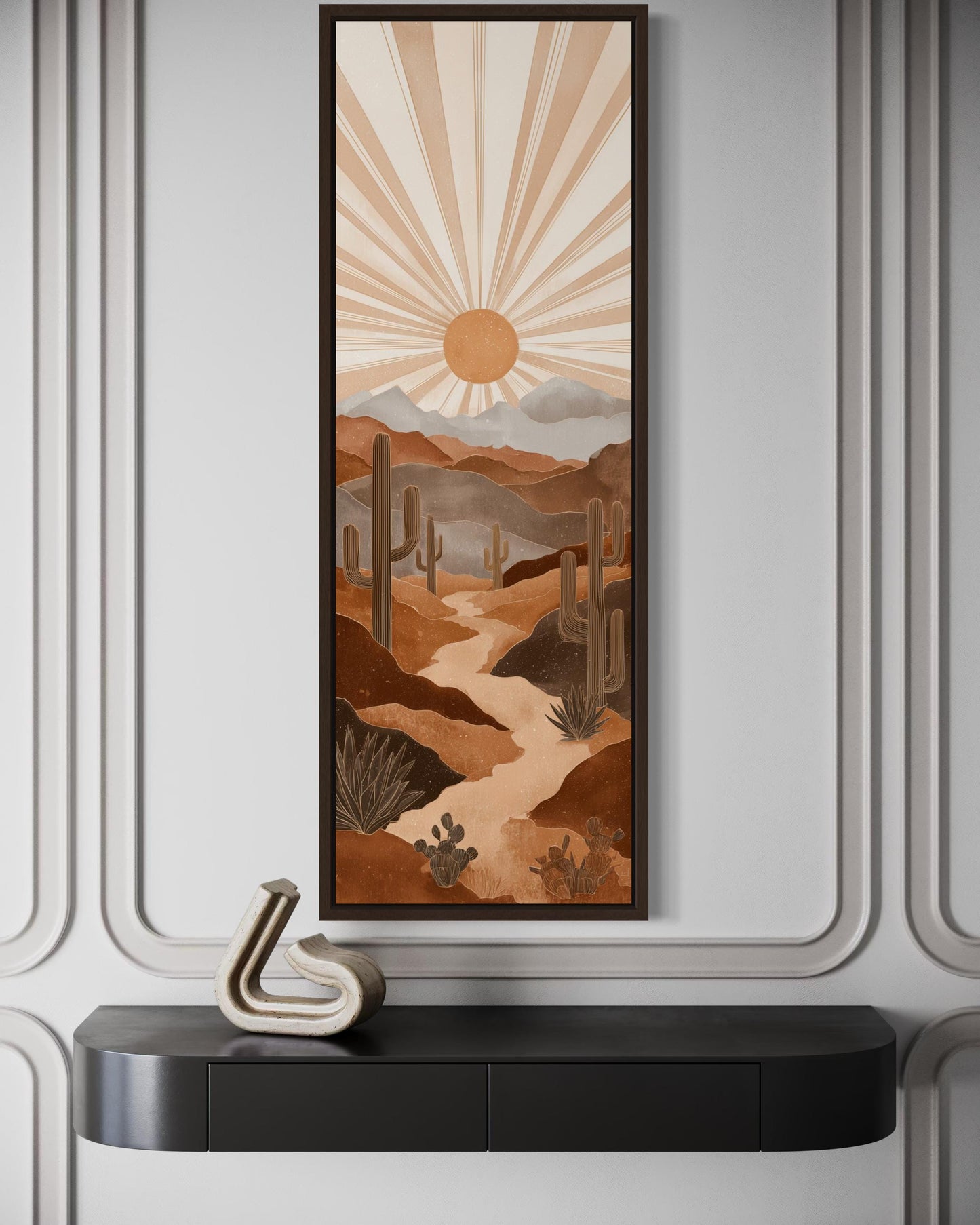 Boho Saguaro Wall Art - Tall Narrow Desert Cactus Canvas | Southwest Terracotta Decor