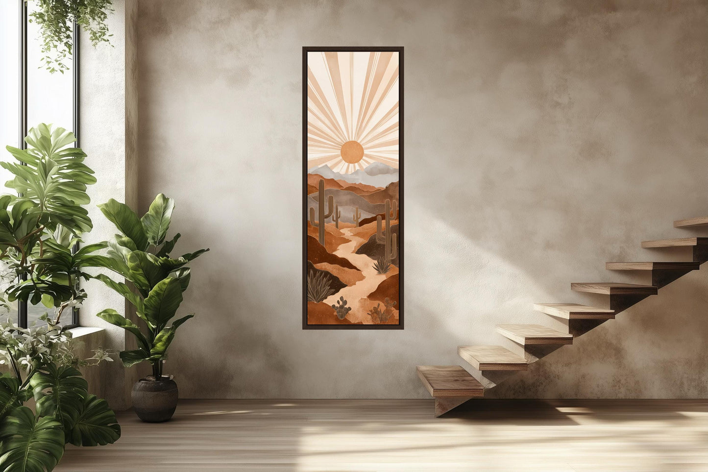 Boho Saguaro Wall Art - Tall Narrow Desert Cactus Canvas | Southwest Terracotta Decor