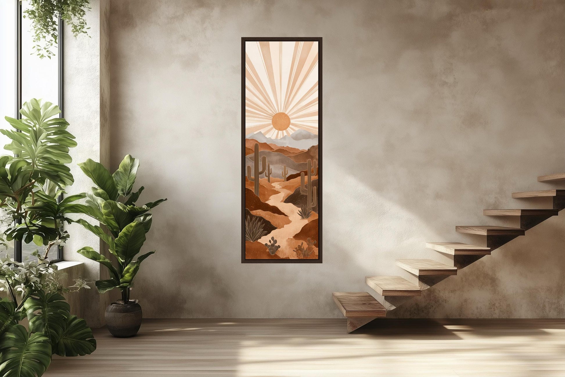 Boho Saguaro Wall Art - Tall Narrow Desert Cactus Canvas | Southwest Terracotta Decor