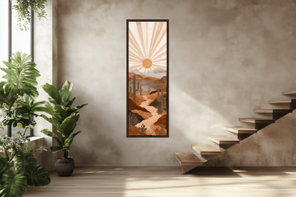Boho Saguaro Wall Art - Tall Narrow Desert Cactus Canvas | Southwest Terracotta Decor