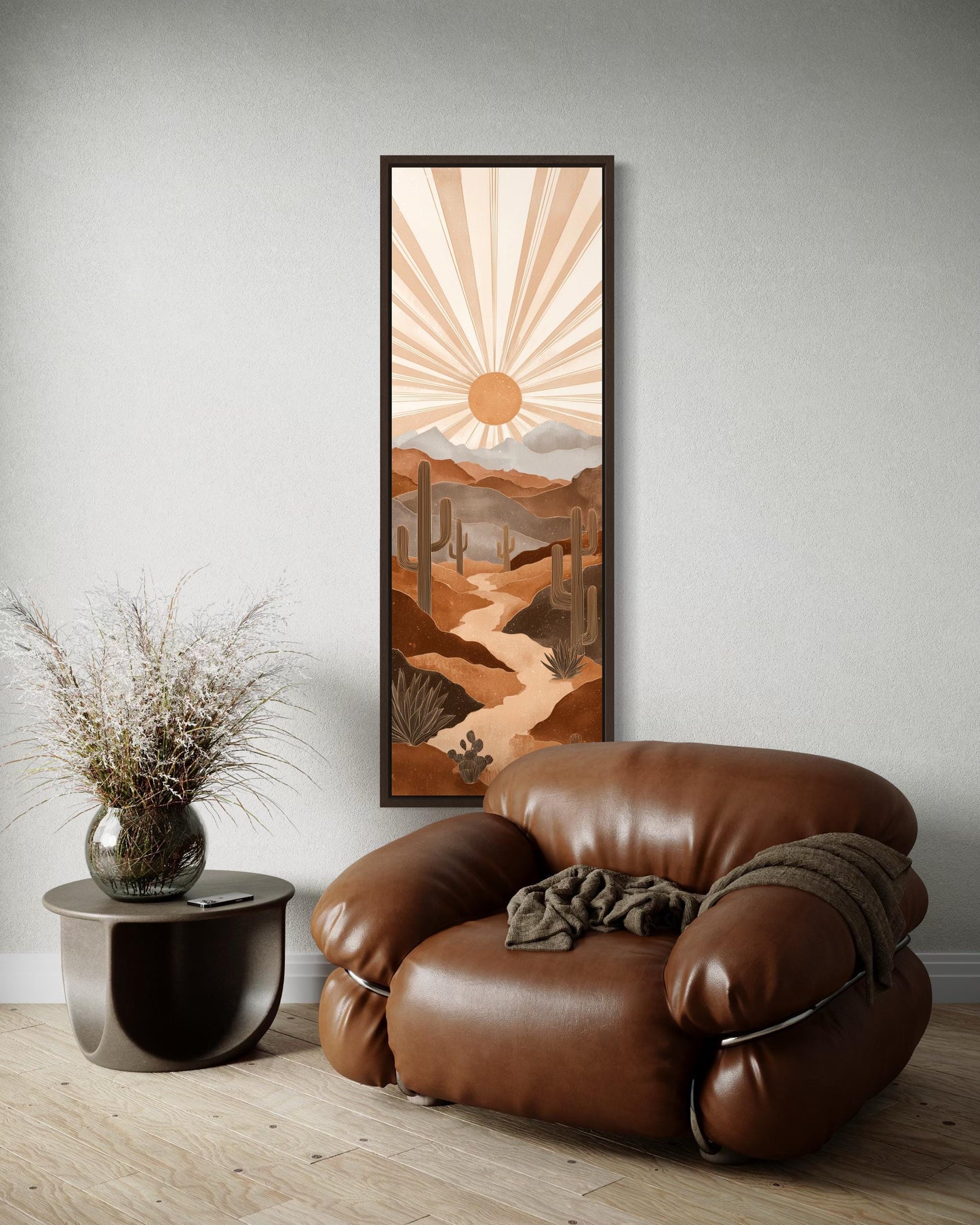Boho Saguaro Wall Art - Tall Narrow Desert Cactus Canvas | Southwest Terracotta Decor