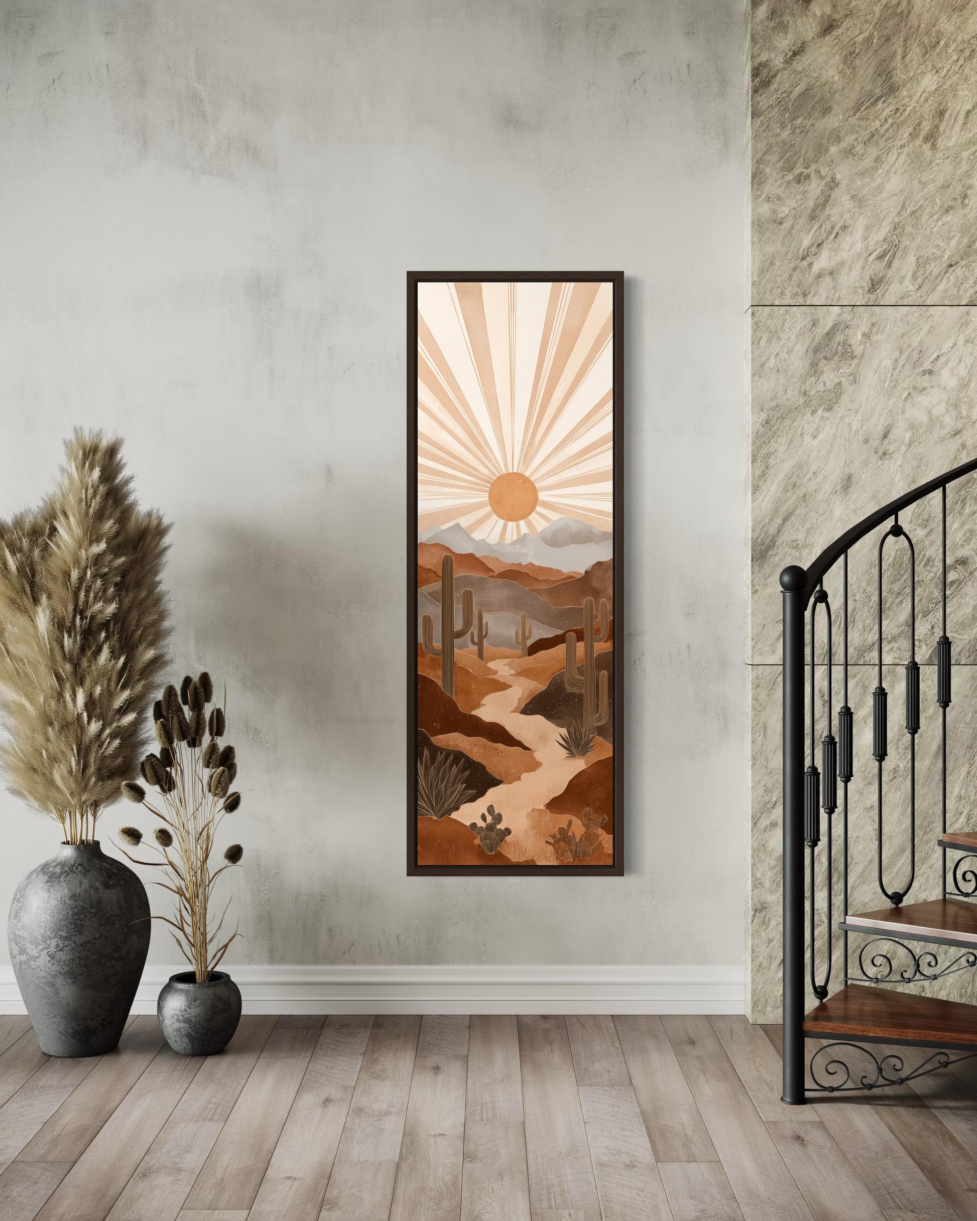 Boho Saguaro Wall Art - Tall Narrow Desert Cactus Canvas | Southwest Terracotta Decor