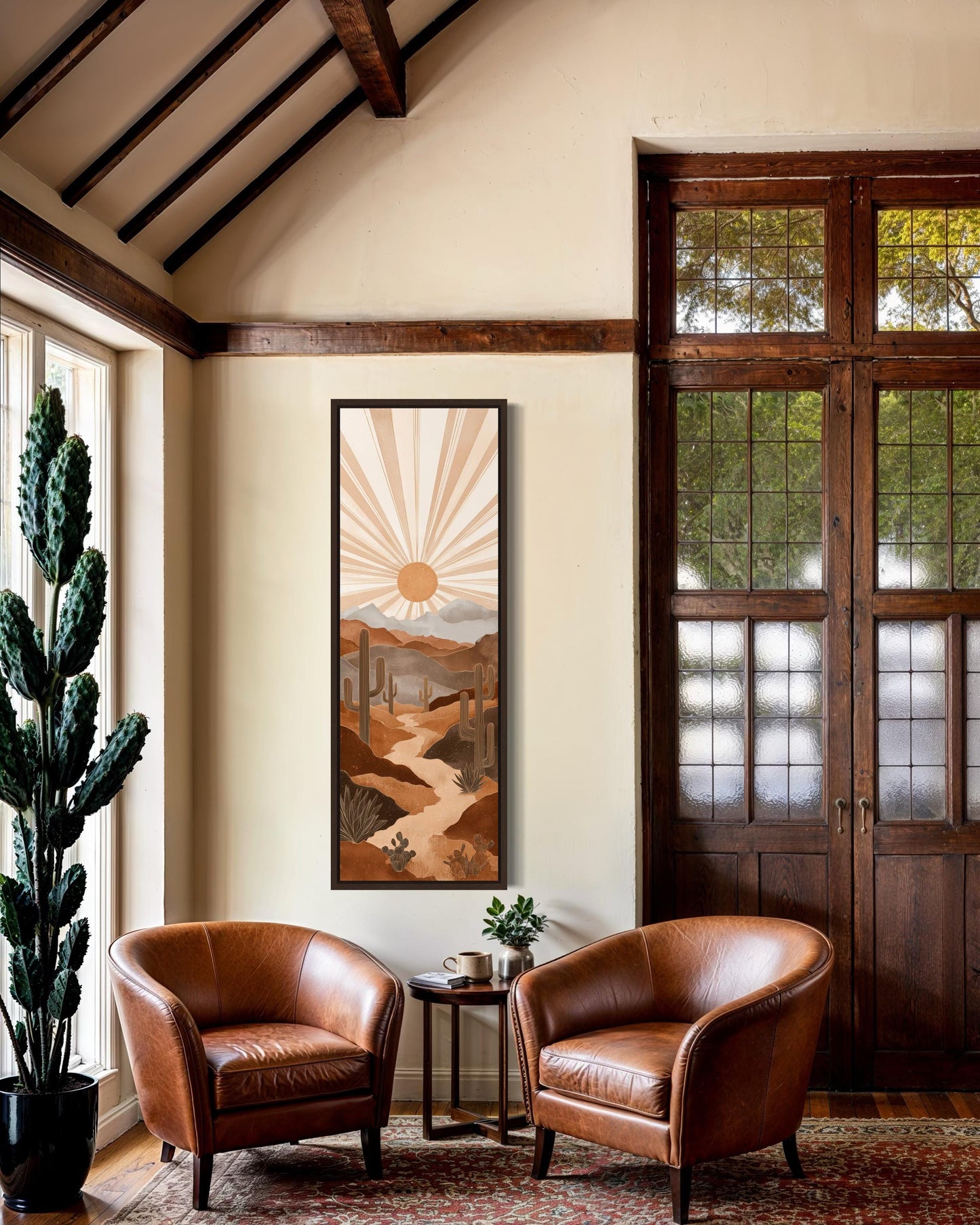 Boho Saguaro Wall Art - Tall Narrow Desert Cactus Canvas | Southwest Terracotta Decor
