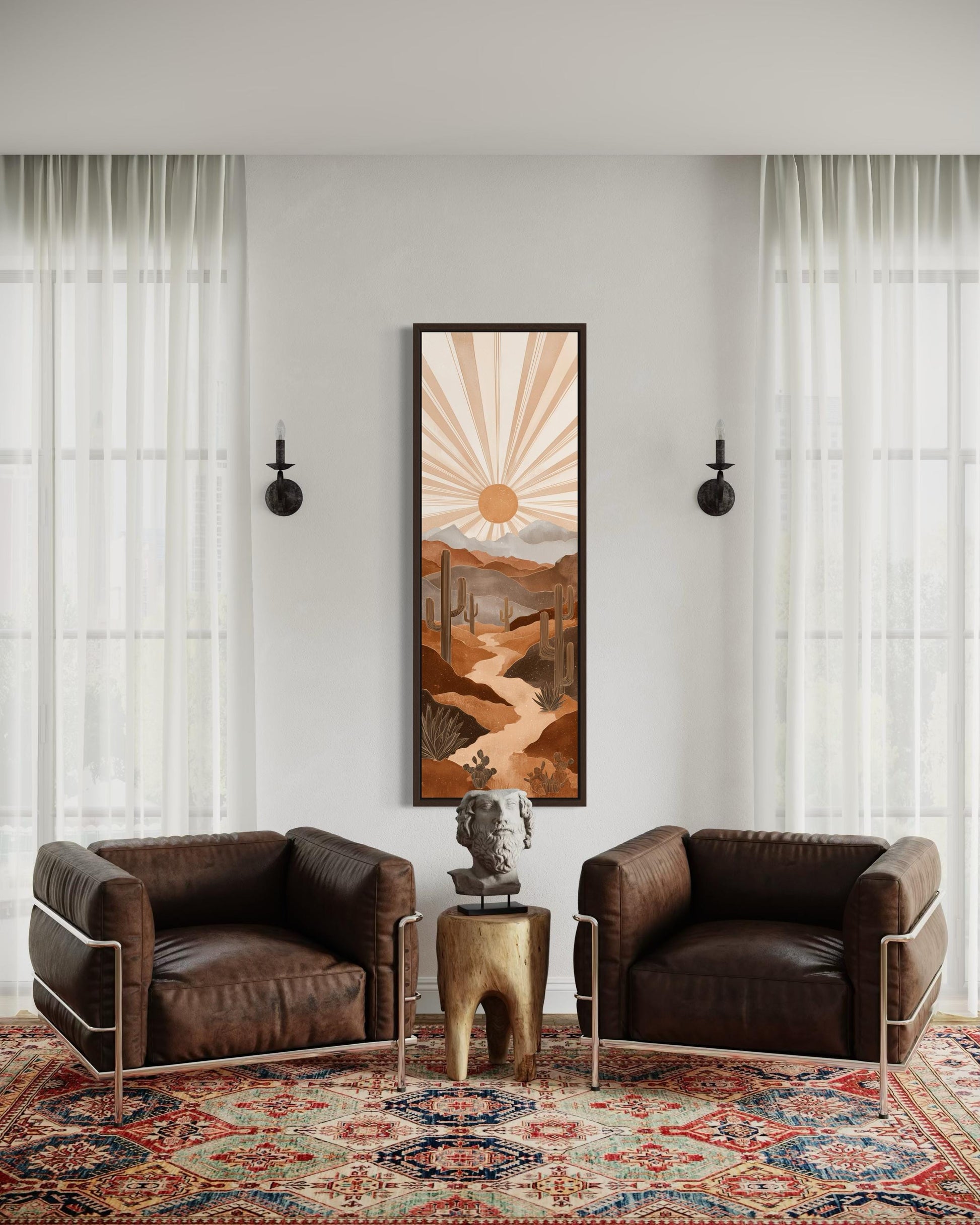 Boho Saguaro Wall Art - Tall Narrow Desert Cactus Canvas | Southwest Terracotta Decor