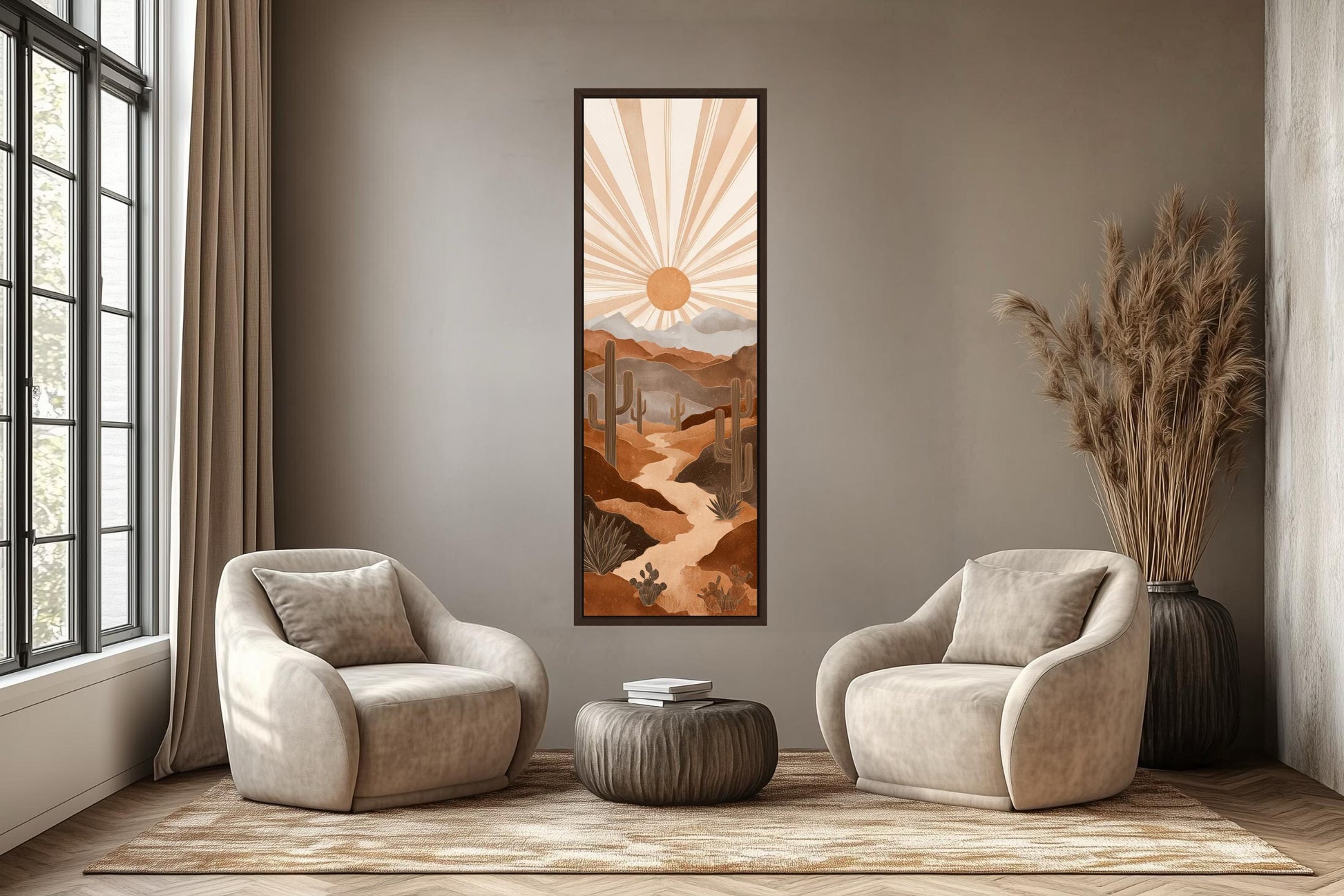Boho Saguaro Wall Art - Tall Narrow Desert Cactus Canvas | Southwest Terracotta Decor