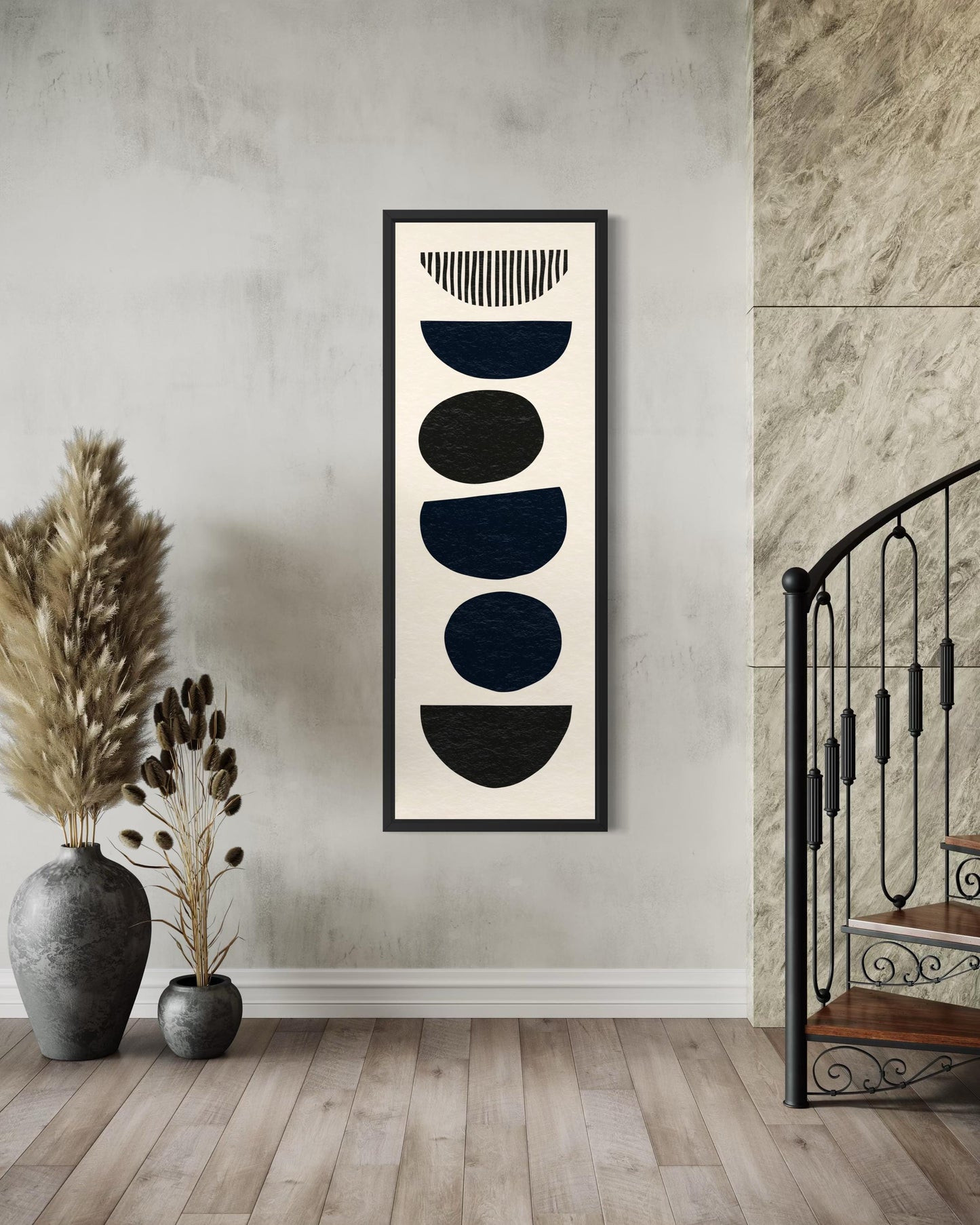 Boho Stacked Stones Tall Narrow Black Neutral Canvas Wall Art