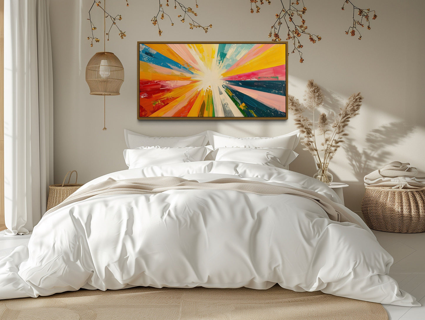 Boho Sun Rays Wall Art - Multicolored Framed Canvas Print for Living Room Decor