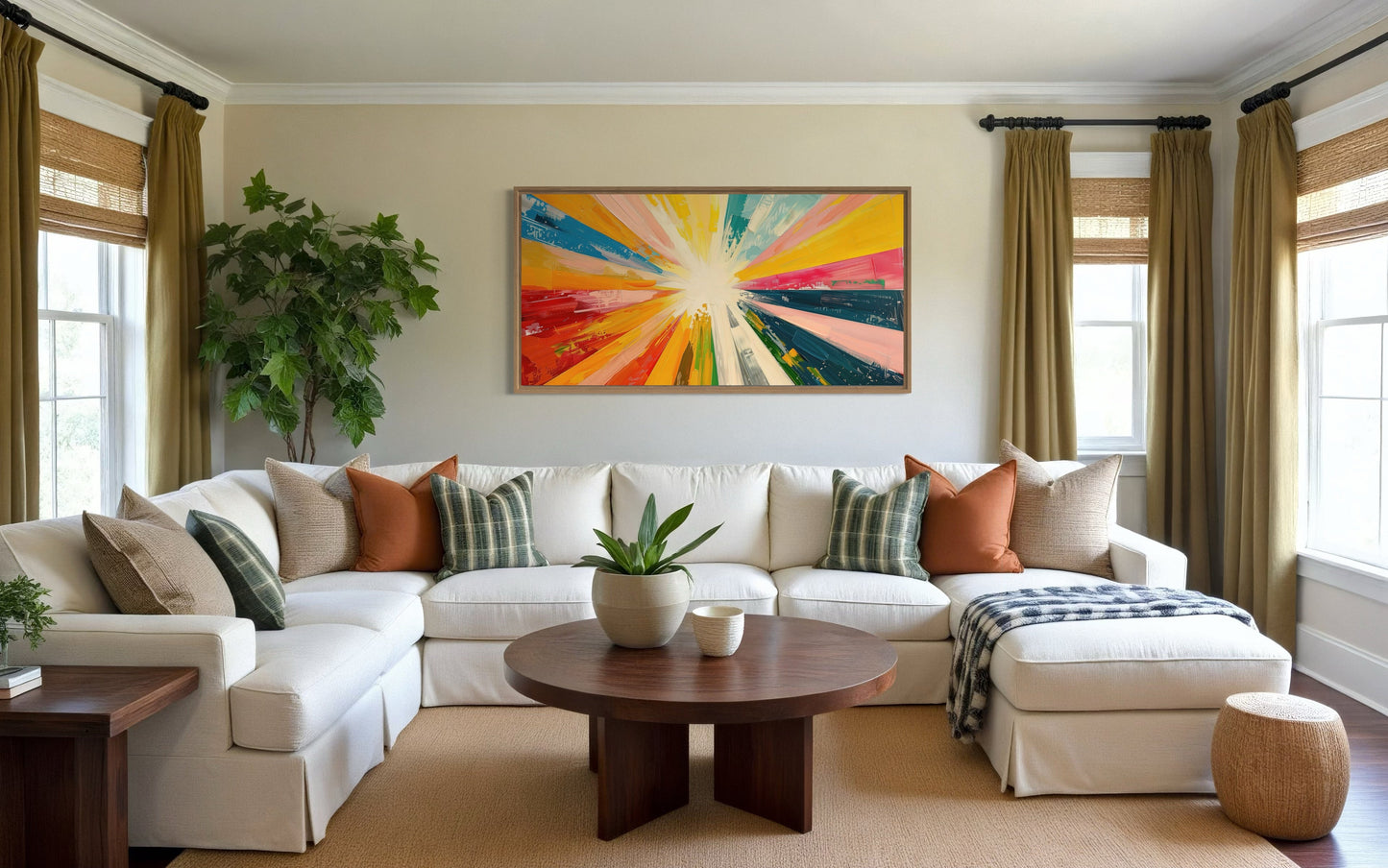 Boho Sun Rays Wall Art - Multicolored Framed Canvas Print for Living Room Decor