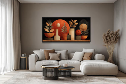 Boho Terracotta Wall Art - Abstract Canvas Print with Vases and Leaves for Neutral Decor