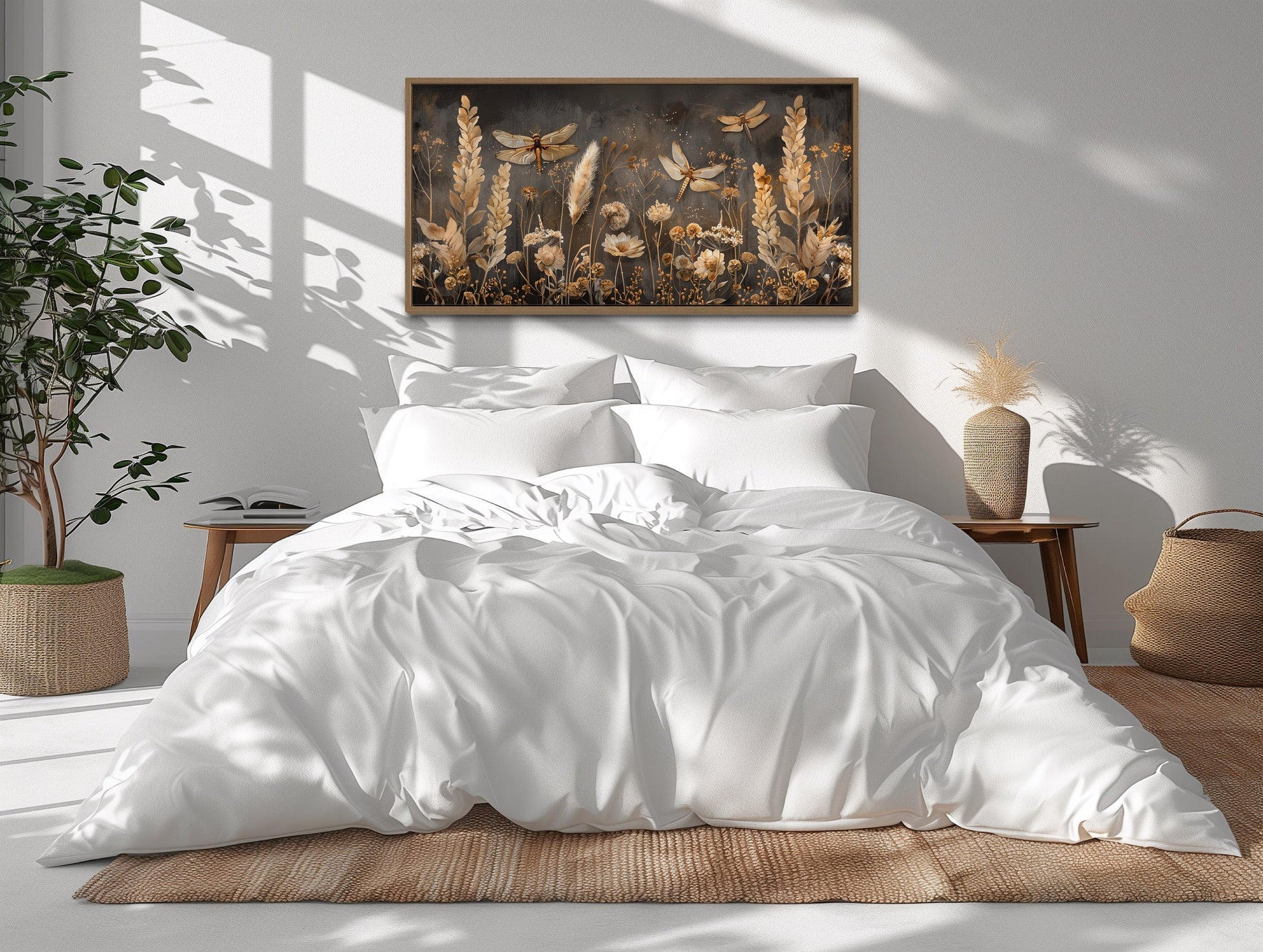 Boho Wall Art - Brown Beige Framed Canvas With Dragonfly Grass - Rustic Farmhouse Decor