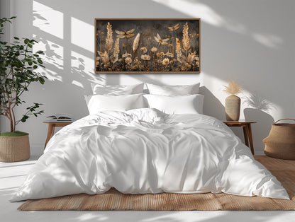 Boho Wall Art - Brown Beige Framed Canvas With Dragonfly Grass - Rustic Farmhouse Decor
