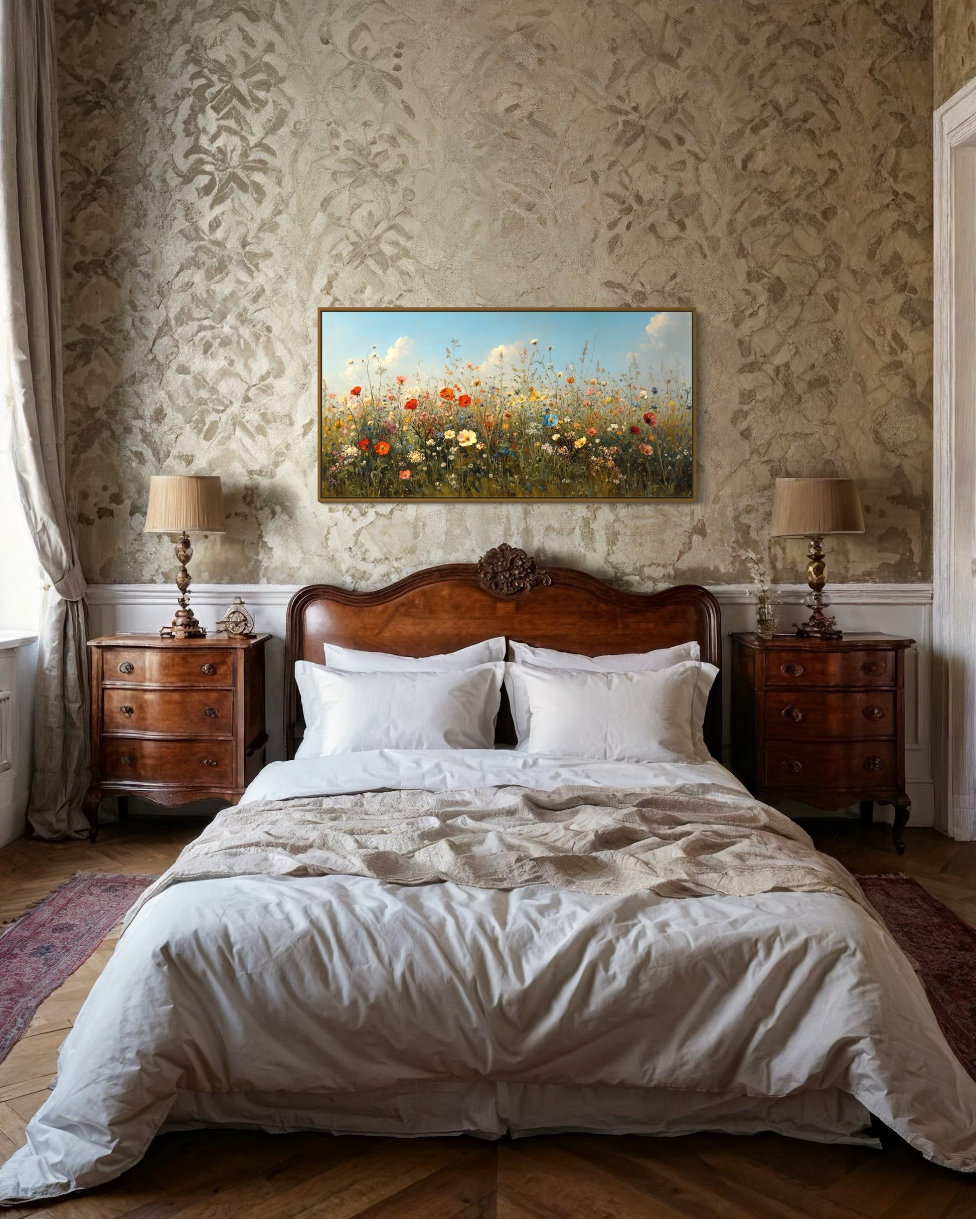 Boho Wildflowers Canvas Large Framed Art – Rustic Farmhouse Floral Wall Decor