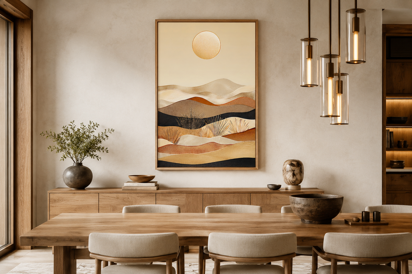 Boho Desert Vertical Mid Century Modern Framed Canvas Wall Art In Neutral Colors