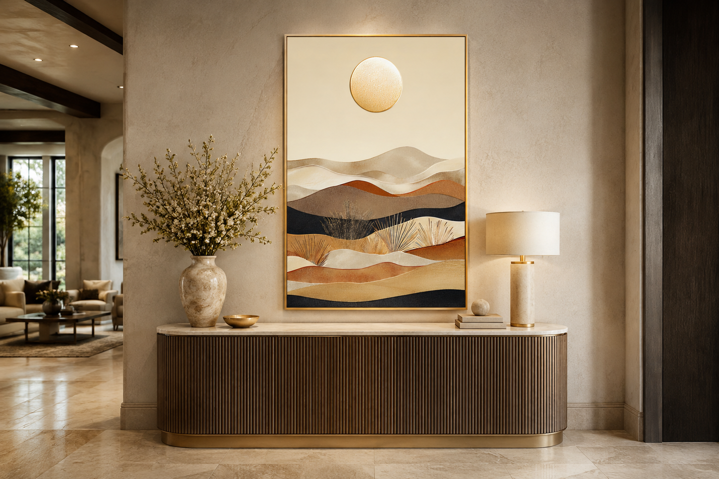 Boho Desert Vertical Mid Century Modern Framed Canvas Wall Art In Neutral Colors